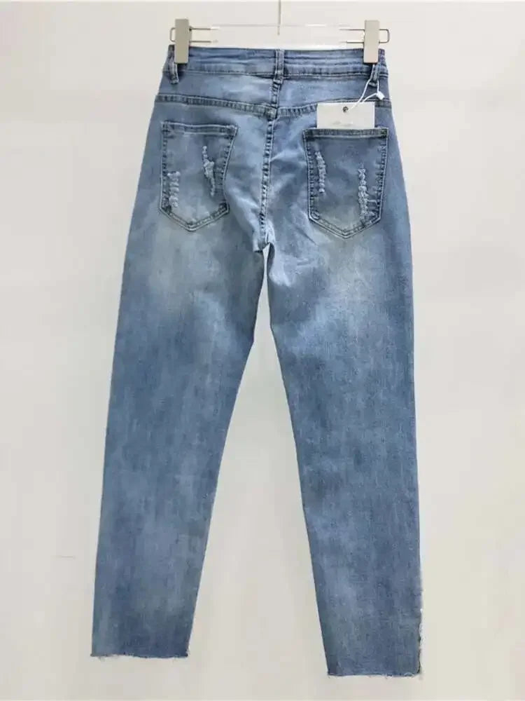 Women's Jeans High Waist Slim Hollow Out Lace Flowers Sequins Stretch Denim Pencil Pants 2025 Summer New Fashion