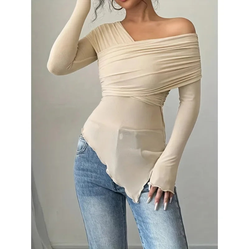 Women's Tops Summer Casual Fashion V-Neck Long Sleeve Strapless Top T-Shirt Women Clothing Feminist Shirt Harajuku Y2k Top