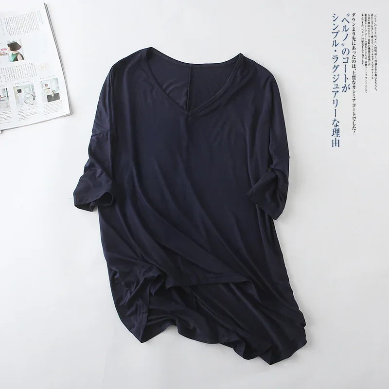 Fashion Tops Tees 2025 Summer T-shirt Women Half-Sleeve Solid Loose Shirt V-neck Oversize Basic Top Shirts for Women Casual