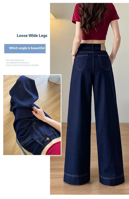 Women's New Jeans Dark Blue Wide Leg Loose Jeans Female Spring and Fall New High-Waisted Loose Straight Jeans Wide Leg Pants