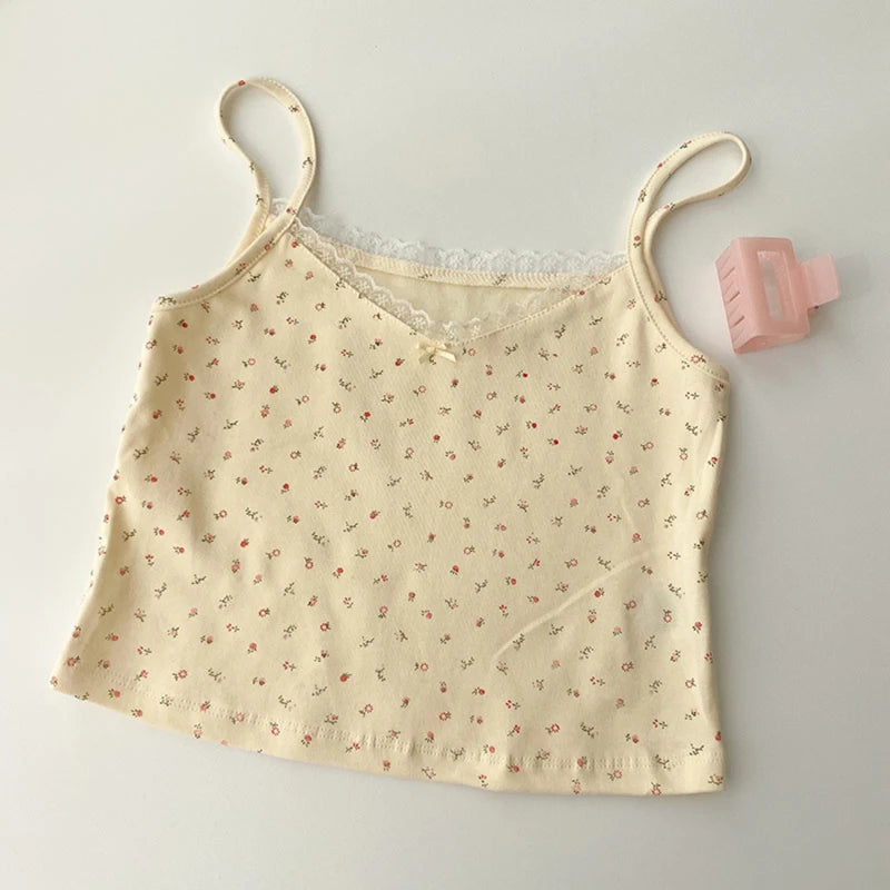 Women Tops Summer Girls Tops Short Slim Lace Sweet Print Crop Top Ladies Bottoming Cute Tops Top Mujer Top Femme