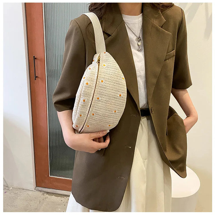 Women's Waist Bag Straw Woven Ladies Shoulder Crossbody Bags for Women 2023 Summer Fanny Pack Fashion Phone Female Chest Bag