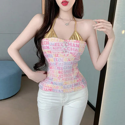 Women's top 2025 summer chic sexy socialite style pink Twed design sense strapless hanging neck vest