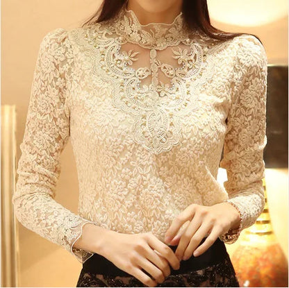 Women T Shirts Vintage Spring Winter Tees Autumn Lace Beads Hole Sexy Tops Warm Blouse Top Casual Full Long Sleeve Shirt