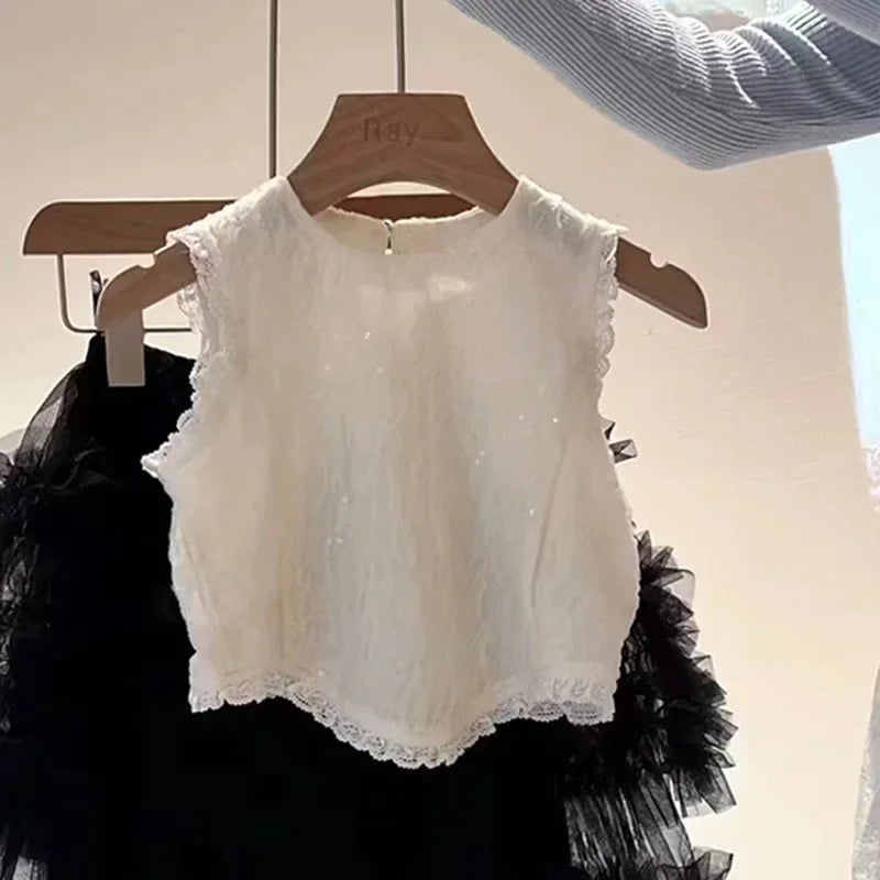 Skirts Sweet Girls Korean New Lace Flower Edge Vest Tops Mesh Yarn Tide Princess Half Length Skirt Tide 2024 Simple Fashion