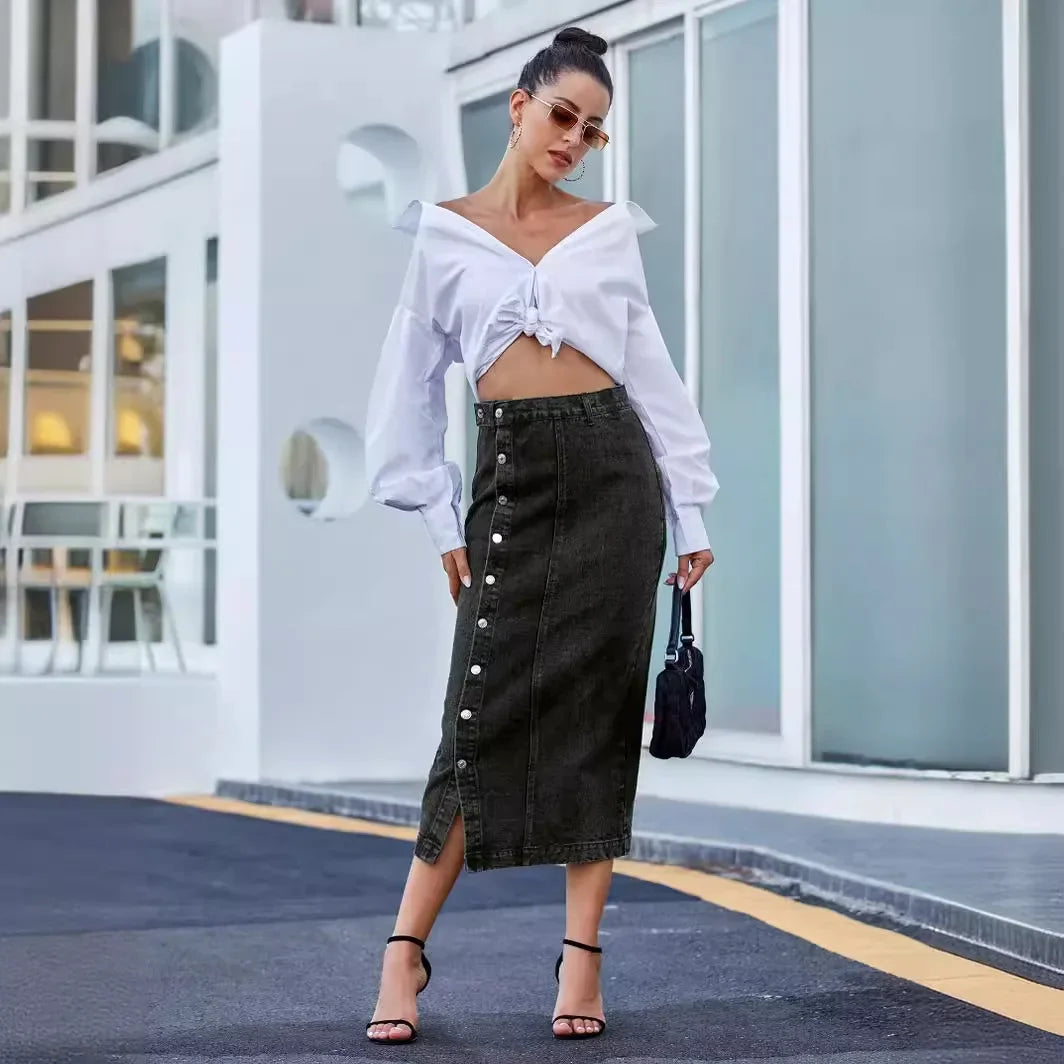 Denim Skirt Button Asymmetric Clothes High Waist Jean Skirts Summer Half Dress Streetwear Korea Dongdaemun High Quality Clothing