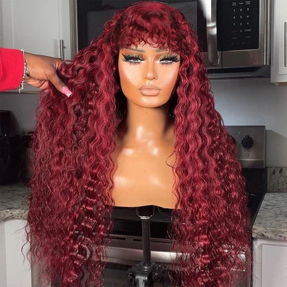 Curly Wig with Bangs Human Hair 99J Burgundy Water Wave Color Wigs Red wig with Bangs Colored 100% Brazilian Human Hair