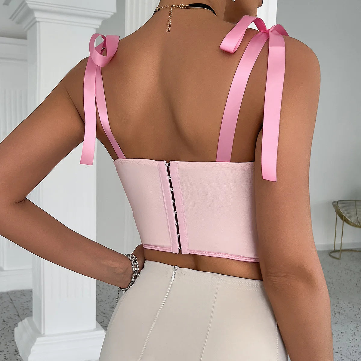 Woman Clothing Top Women T-shirt Tank Top Female Clothes Tops Tanks Camis Crop Top Y2K Sexy Ribbon Tie-Up Fishbone Camisole