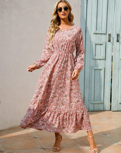 Women Eid Muslim Dresses Tight Waist O Neck Ruffles Spliced Casual Vestidos Flowers Dress Dubai Kaftan Islam Morocco Arab