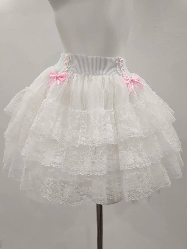 Pink Skirts for Sweet Girls Summer Bows Decoration Elastic Waist Lolita Style Multilayered Lace Skirt Kawaii Clothes