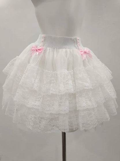 Pink Skirts for Sweet Girls Summer Bows Decoration Elastic Waist Lolita Style Multilayered Lace Skirt Kawaii Clothes