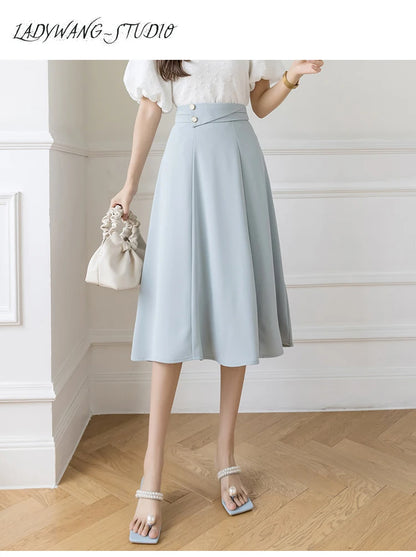 Women's Skirts High Waist Sweet Girl's Mid-calf Skirt Solid Skirts for Women Vintage Long Fashion 2023 Kawaii Summer Women Skirt