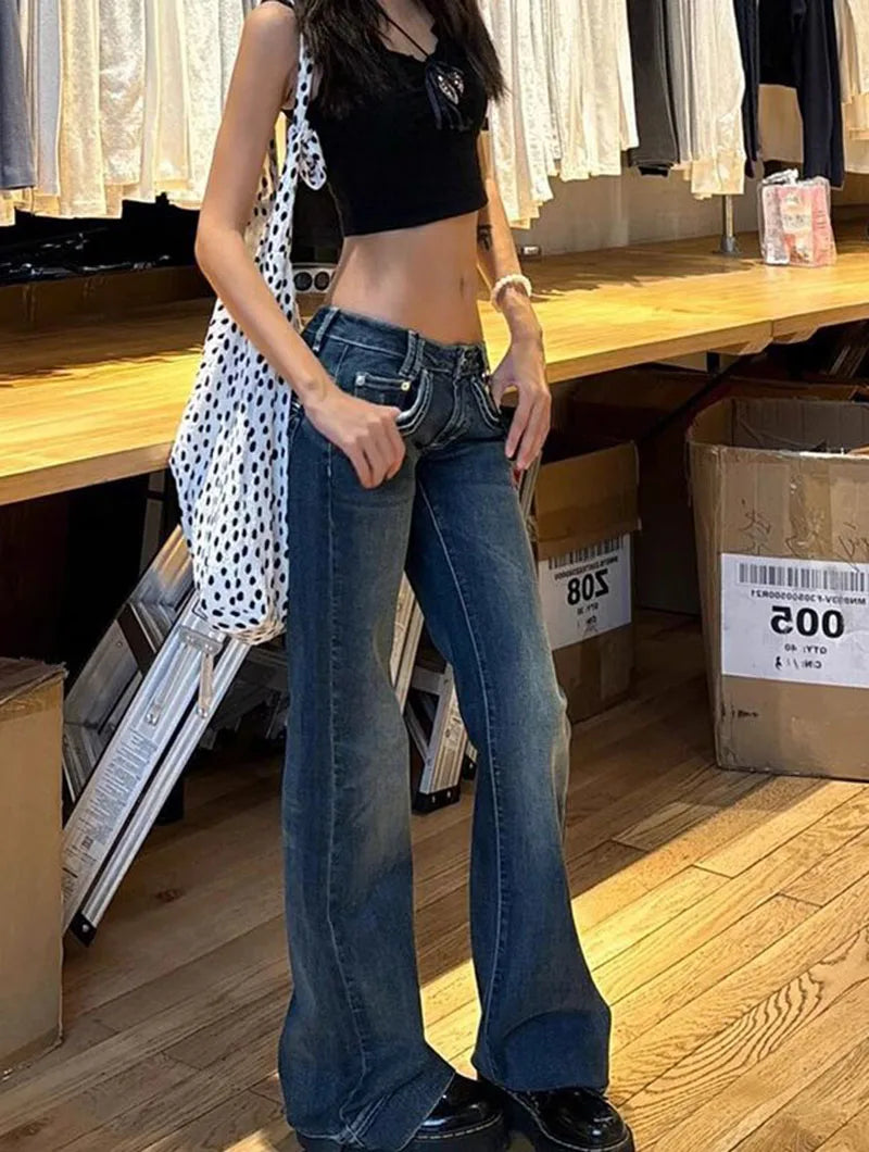 Vintage High Street Low-Waisted Jeans Women 2025 New All-Match Wide Leg Y2K Denim Trousers Female Sexy Slim Fit Flares Pants