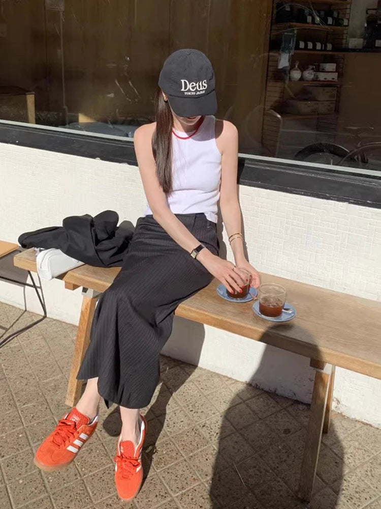 Chic High Waist Straight Leg Long Skirt Women's Spring Vintage ket Color Blo Striped f Body Skirts Faionable Slimming