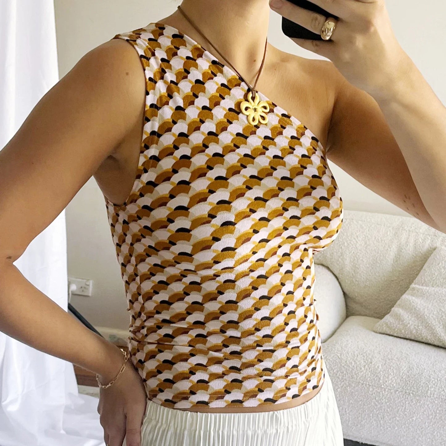 Women's Fashion One Shoulder Tops Slim Flower Print Slash Neck Backless Sleeveless Crop Shirt for Summer