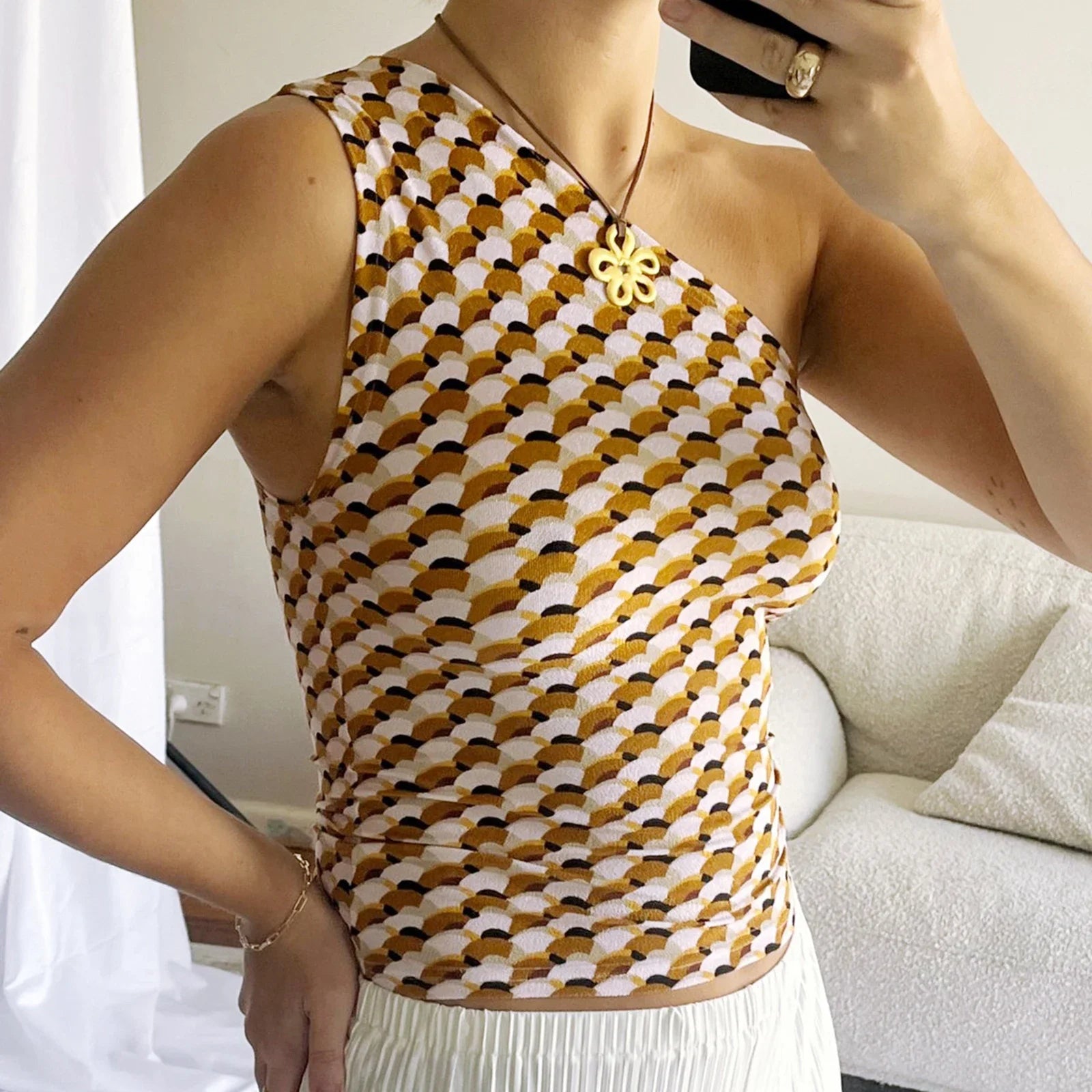 Women's Fashion One Shoulder Tops Slim Flower Print Slash Neck Backless Sleeveless Crop Shirt for Summer