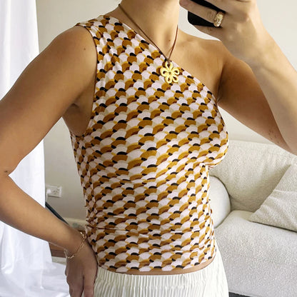 Women's Fashion One Shoulder Tops Slim Flower Print Slash Neck Backless Sleeveless Crop Shirt for Summer