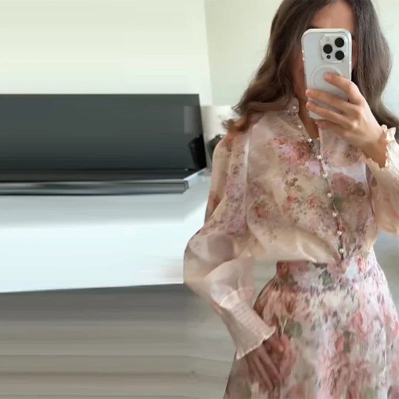 Elegant Floral Printed Long Skirts Set Women Loose Full Sleeve Single Breasted Shirts Pleated Skirt 2025 Summer Lady New Suits