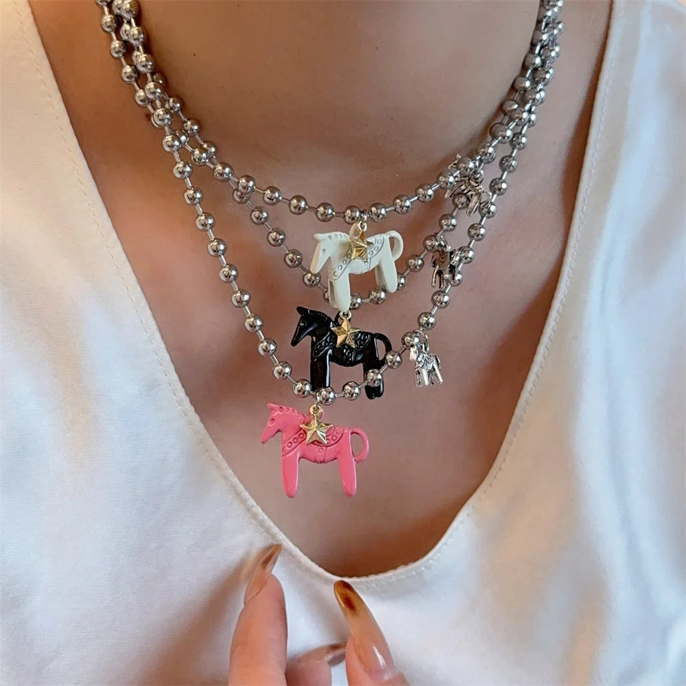 LATS White Black Green Blue Pink Color Enamel Colt Horse Pendant Necklaces for Women Silver Plated Alloy Beads Chain Chokers