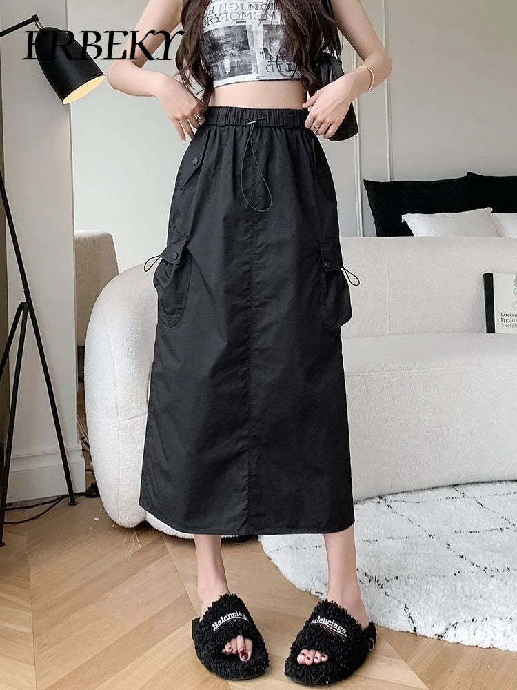 Skirts for Women Spring Summer Drawstring Workwear Half-body Skirt Split Mid-length Skirt Pure Color Package Hip One-Step Skirt