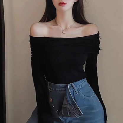 Women Sexy Tops Off Shoulder Long Sleeve Knitted T-shirt Solid Elegant Autumn Winter New Spicy Girl Slim Fit Short Red Crop Top