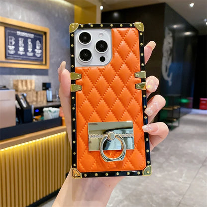 Elegant PU Leather Phone Case For iPhone 16 Pro Max Luxury Square Cases For iPhone 15 14 11 Pro 12 13 Mini XR X Max Back Cover