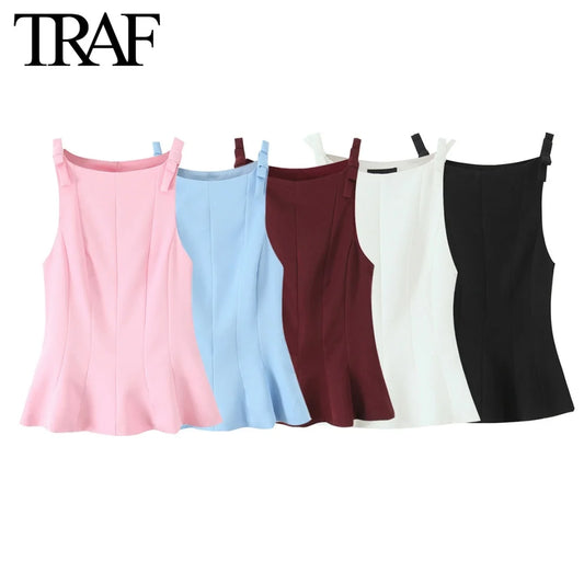 TRAF Top for Women Fashion Summer Short Skirt Hem Bow Sleeveless O-neck Blouse Street Clothing Vest Tank Chic Ladies Tops Mujer