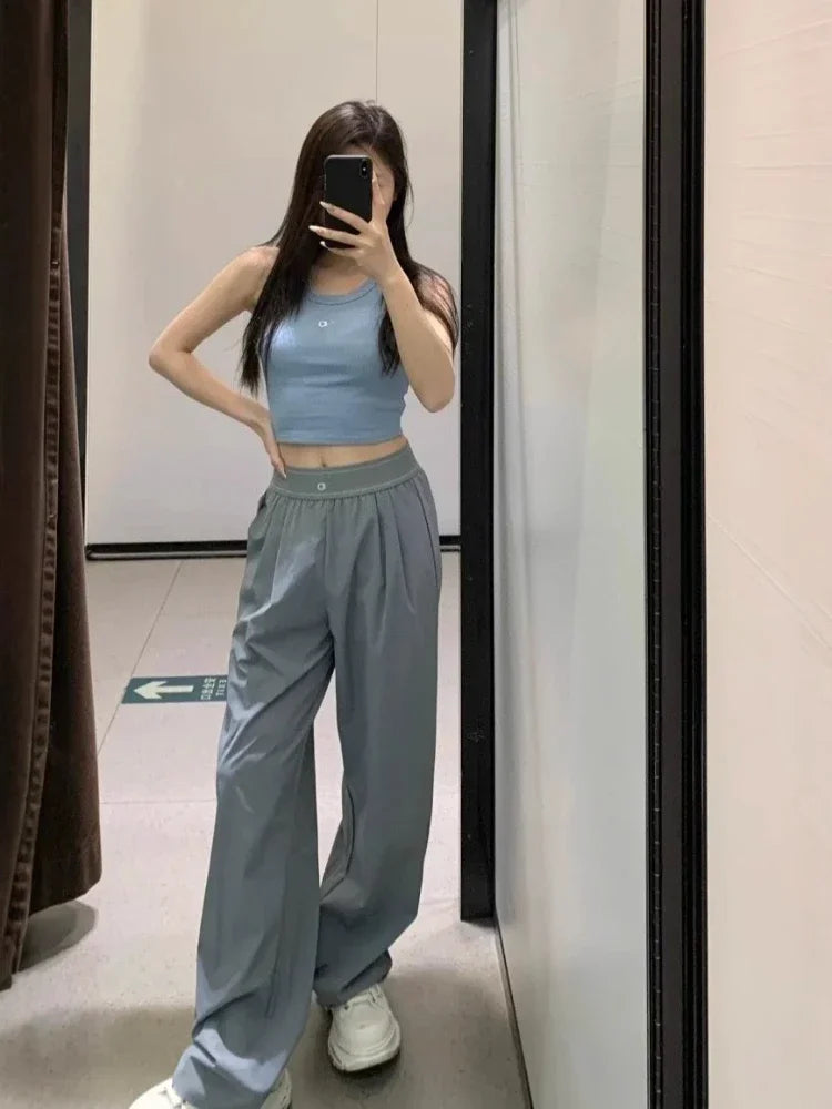 Yoga Sports Straight Leg Pants Women Thin Casual Fashion Solid Elastic Waist Quick Drying Sweatpants Loose Baggy Trousers Women