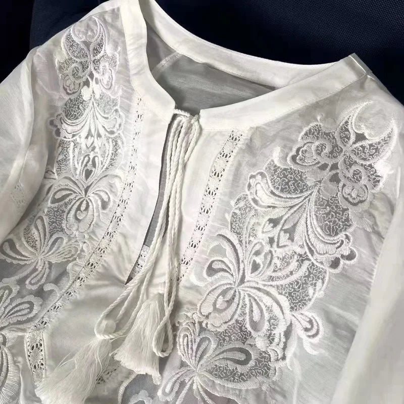 Tops Fashion Designer Blouses 2024 Spring Summer Tops Women Lurex Embroidery Long Sleeve Casual Loose White  Cotton Blouse