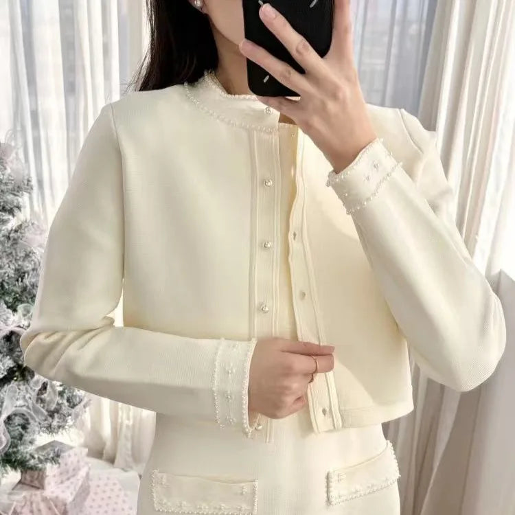 Women's summer dress with round neck and short sleeves with pearl decoration elegant party dress women's dresses trend 2025