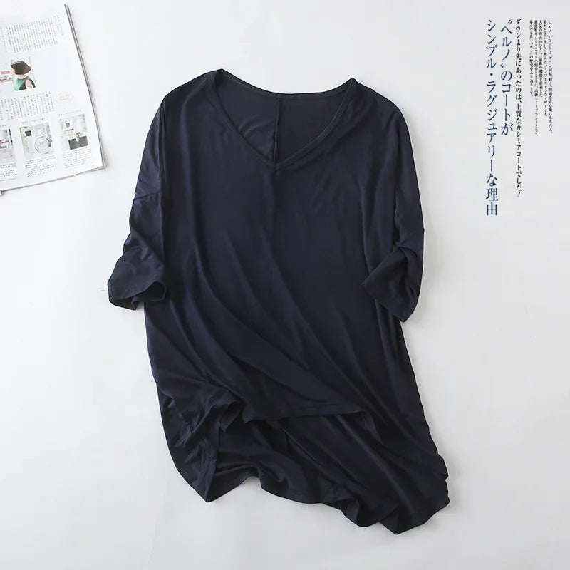 Fashion Tops Tees 2025 Summer T-shirt Women Half-Sleeve Solid Loose Shirt V-neck Oversize Basic Top Shirts for Women Casual