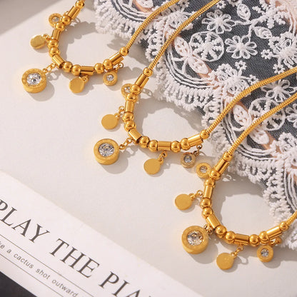 Necklace for Women Round Zircon Roman Pendant Tassel Charm Luxury Gold Plated Stainless Steel Jewelry Wholesale