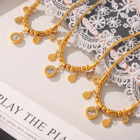 Necklace for Women Round Zircon Roman Pendant Tassel Charm Luxury Gold Plated Stainless Steel Jewelry Wholesale