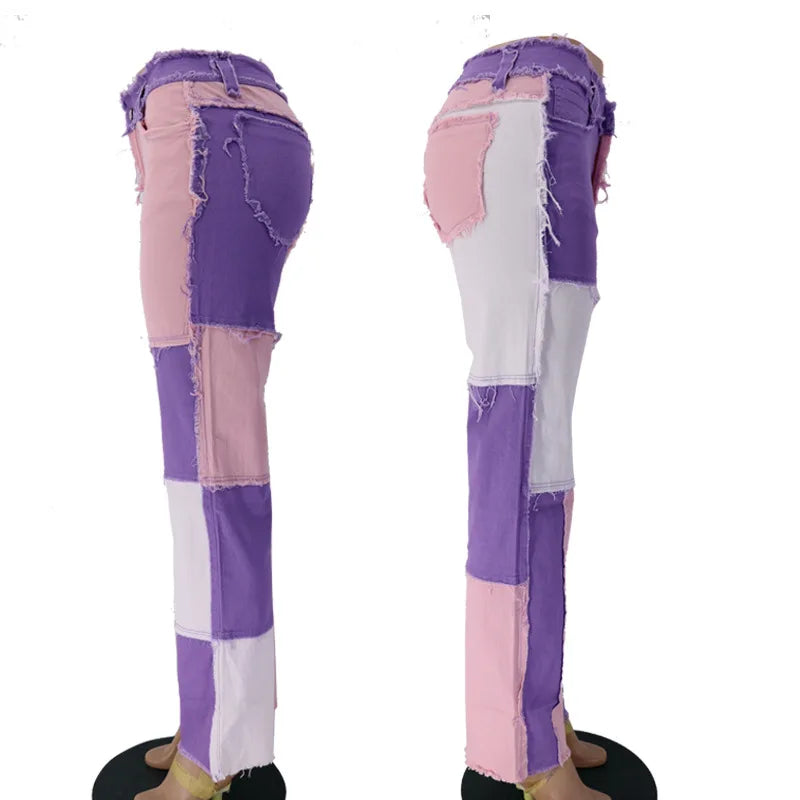 2025 Hot Sale Mixed Color Patchwork Jeans For Women Fashion High Stretch Denim Straight Pants Street Hipster Trousers XS-2XL