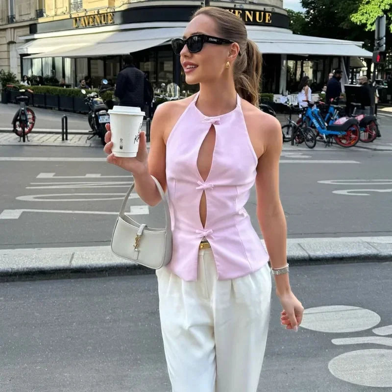 Bow Backless Vest Women Summer Sleeveless Halter Hollow Top Elegant Slim Skirt New Y2k Female Tanks Short Top Office