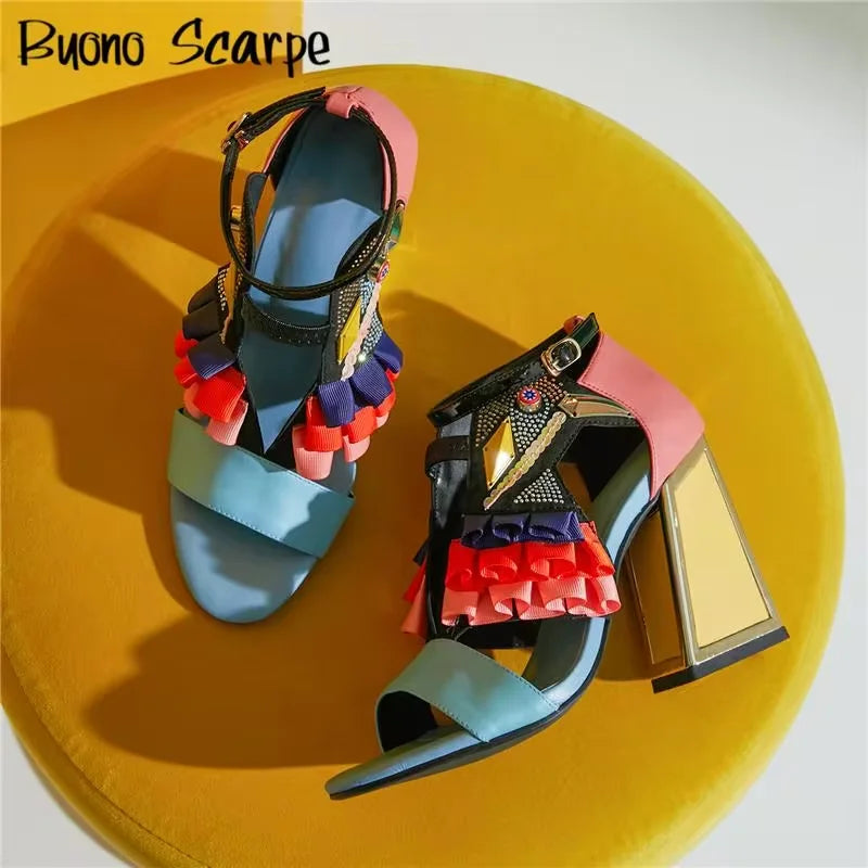 Fashion Rhinestones Chunky Heel Platform Women Sandals Summer All Match Belt Buckle Party Shoes Novelty Designer Sandalias New
