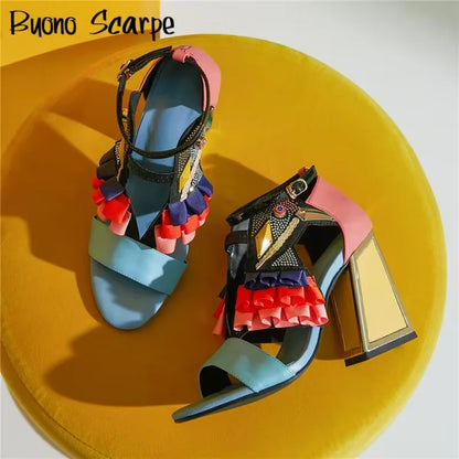 Fashion Rhinestones Chunky Heel Platform Women Sandals Summer All Match Belt Buckle Party Shoes Novelty Designer Sandalias New