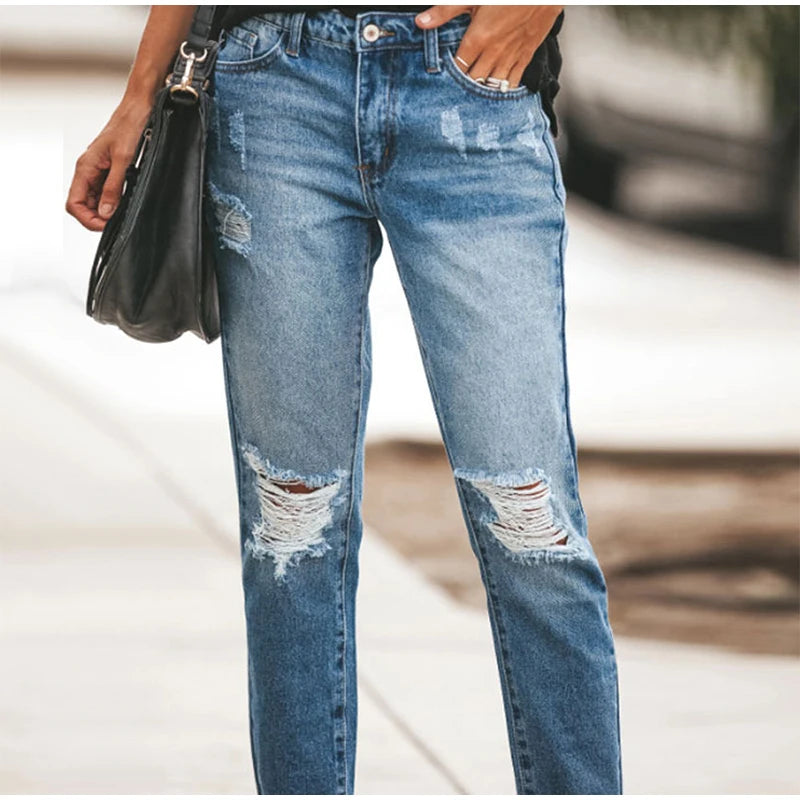 Women‘s Fashion Straight Jeans Casual High Waisted Washed Skinny Trousers Ripped Slim Pants For Lady Commuter 2025 Fashion Trend
