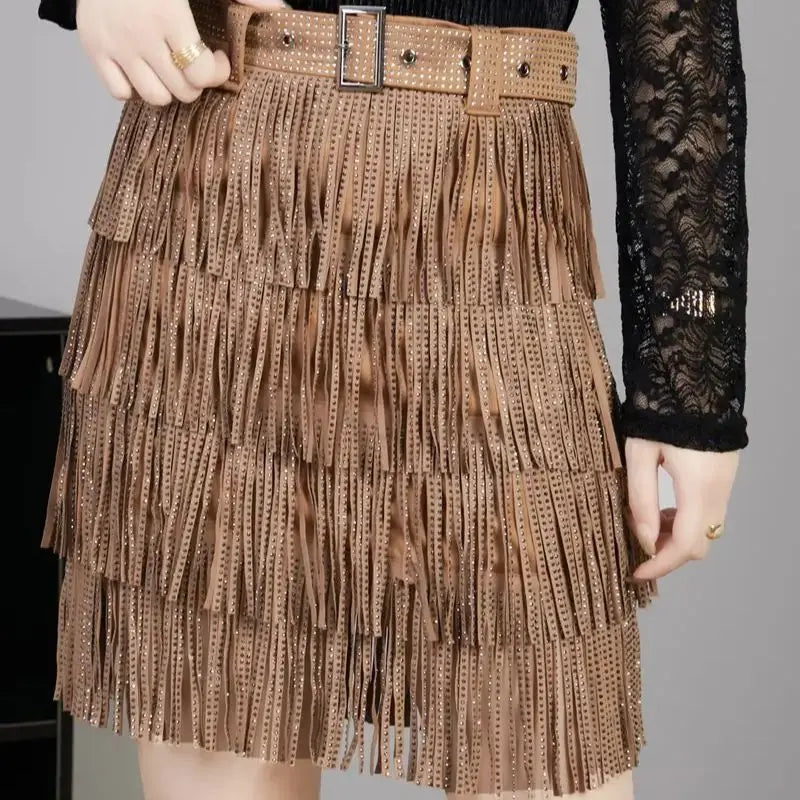 Women Skirt Fashion 2025 New Autumn High Waist Belt Multi Layer Short  Heavy Drilling Rhinestones Fringed Skirt with Cake A Line