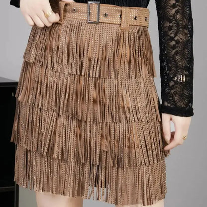 Women Skirt Fashion 2025 New Autumn High Waist Belt Multi Layer Short  Heavy Drilling Rhinestones Fringed Skirt with Cake A Line