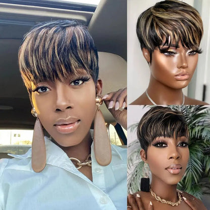 WIGERA  Highlight Synthetic Wigs Short Straight  Pixie Cut Hair Bob Wig Honey Gold Mix Black  Hair For Woman