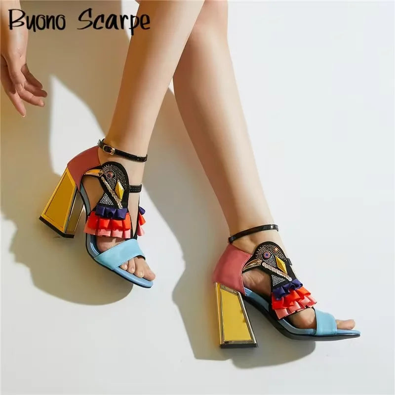 Fashion Rhinestones Chunky Heel Platform Women Sandals Summer All Match Belt Buckle Party Shoes Novelty Designer Sandalias New