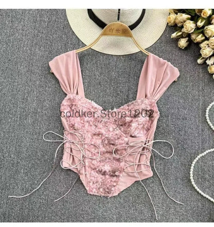 Women Corset Top Y2K Clothes Lolita Ruffles Flower Lace Tank Top Summer French Tube Tops Cute Clothes Pink Crop Tops