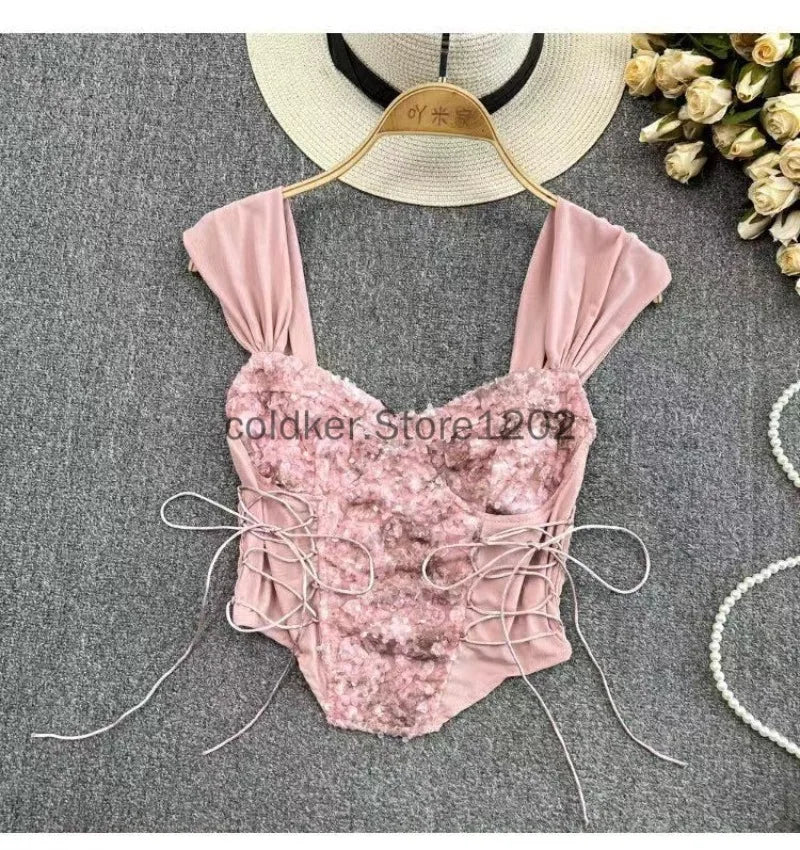 Women Corset Top Y2K Clothes Lolita Ruffles Flower Lace Tank Top Summer French Tube Tops Cute Clothes Pink Crop Tops
