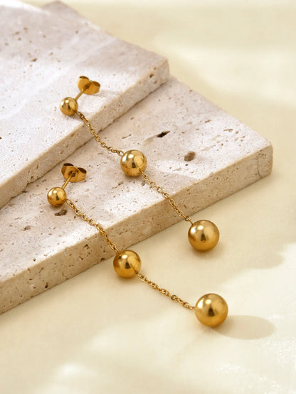 Fashion Elegant Simple Premium Feeling Stainless Steel 18K Gold Plated Three Large And Small Beads Dangle Earrings For Women