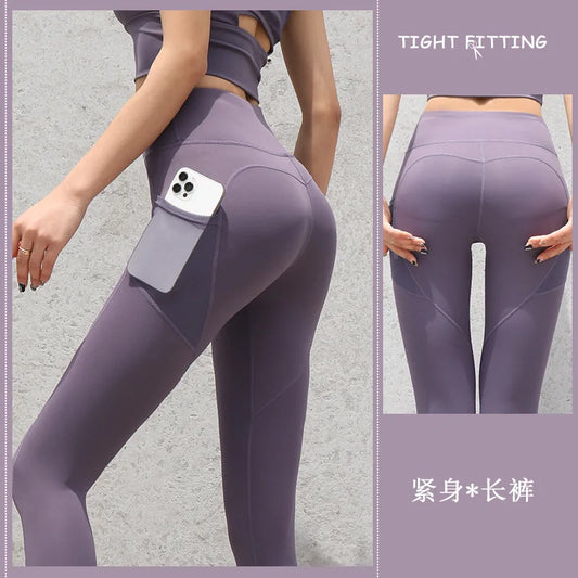 New High Waist Women's Leggings Stretch Yoga Pants Tights With Pockets Push Up Fitness Running Sportswear Solid Color Pants