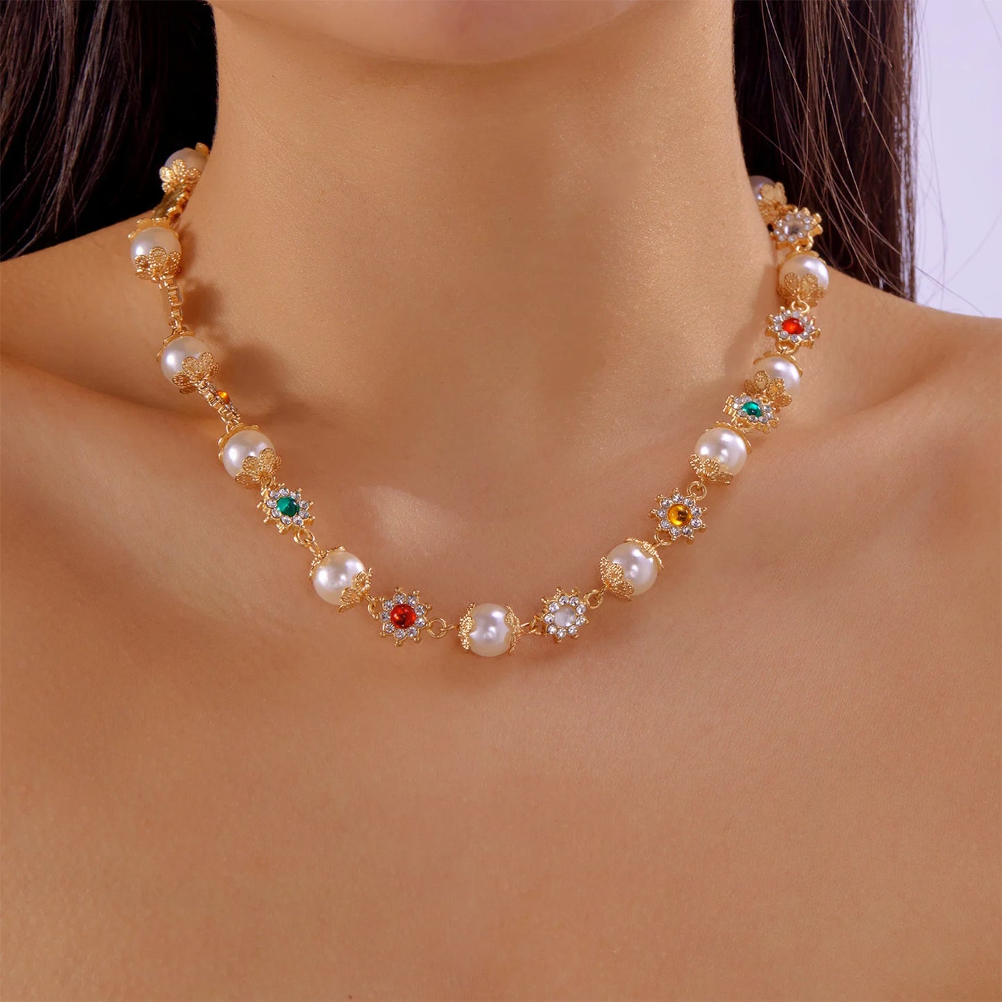 2025 New Flower Necklace For Women Trendy Pearl Patchwork Colorful Flower Neck Chain Light Luxury Jewelry Neck Accessories