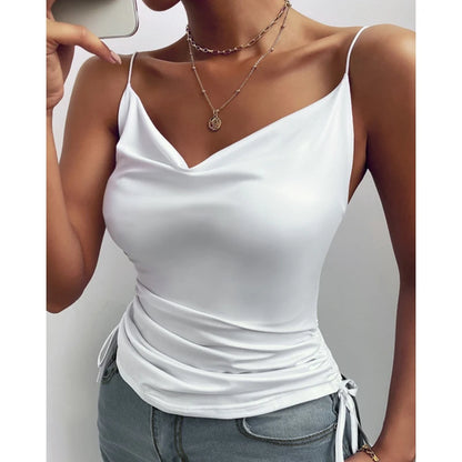 Women Tank Top V Neck Camisole Cami Drawstring Spaghetti Strap Top Loose Sleeveless Blouses Tank Shirt Summer Crop Top