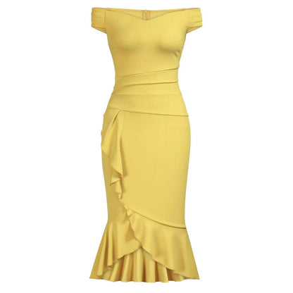 Women's elegant party dresses Off Shoulder V-Neck Ruffle Pleat Waist Slit Dress classic fishtail skirt  traf vestidos para mujer