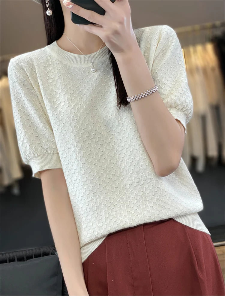 Women's T-shirt Summer 100% Cotton Sweater Short Sleeve Solid Color Round Neck Ladies Tops Loose Blouse Basic Pullover Tees